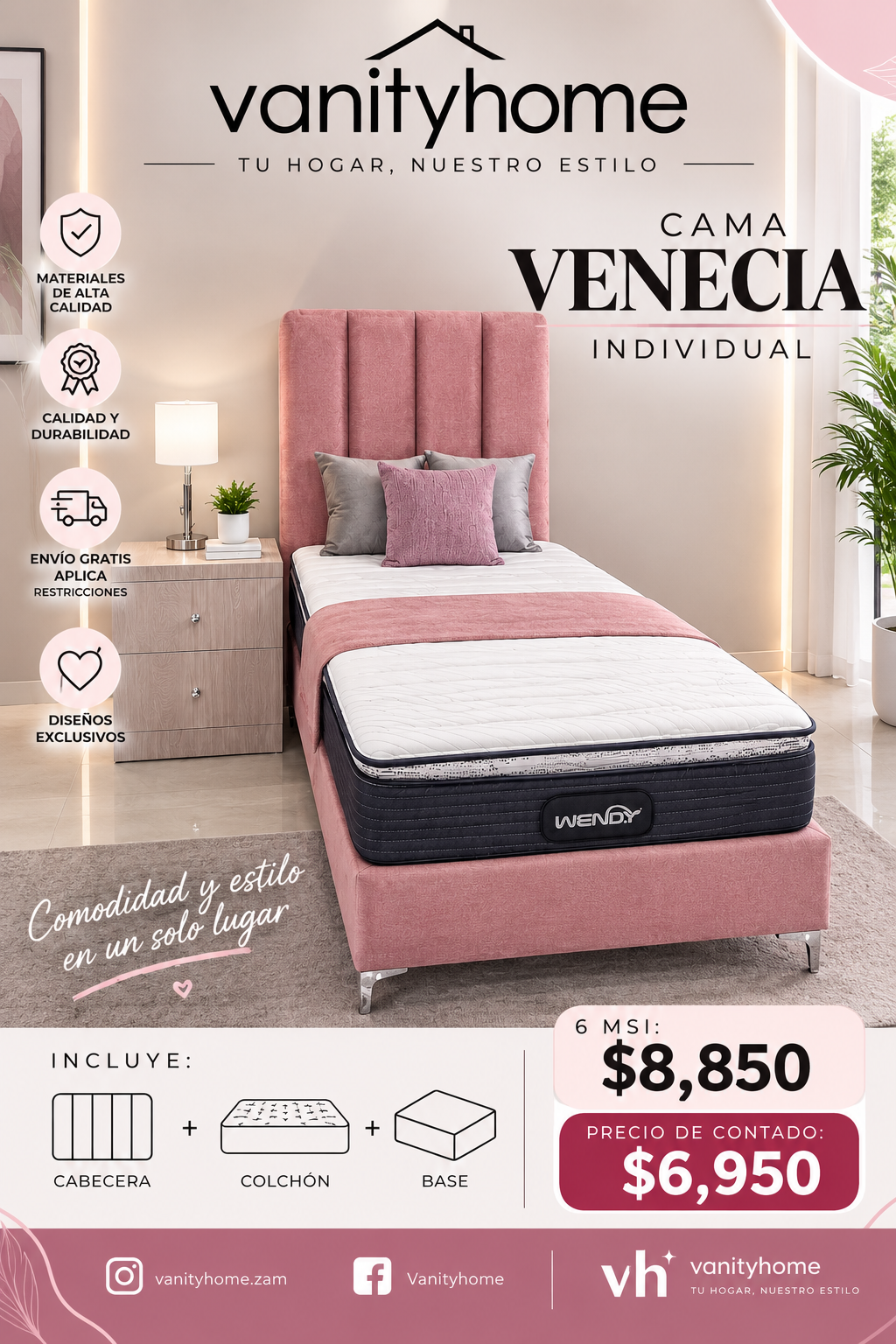 Cama Venecia Indovidual Rosa